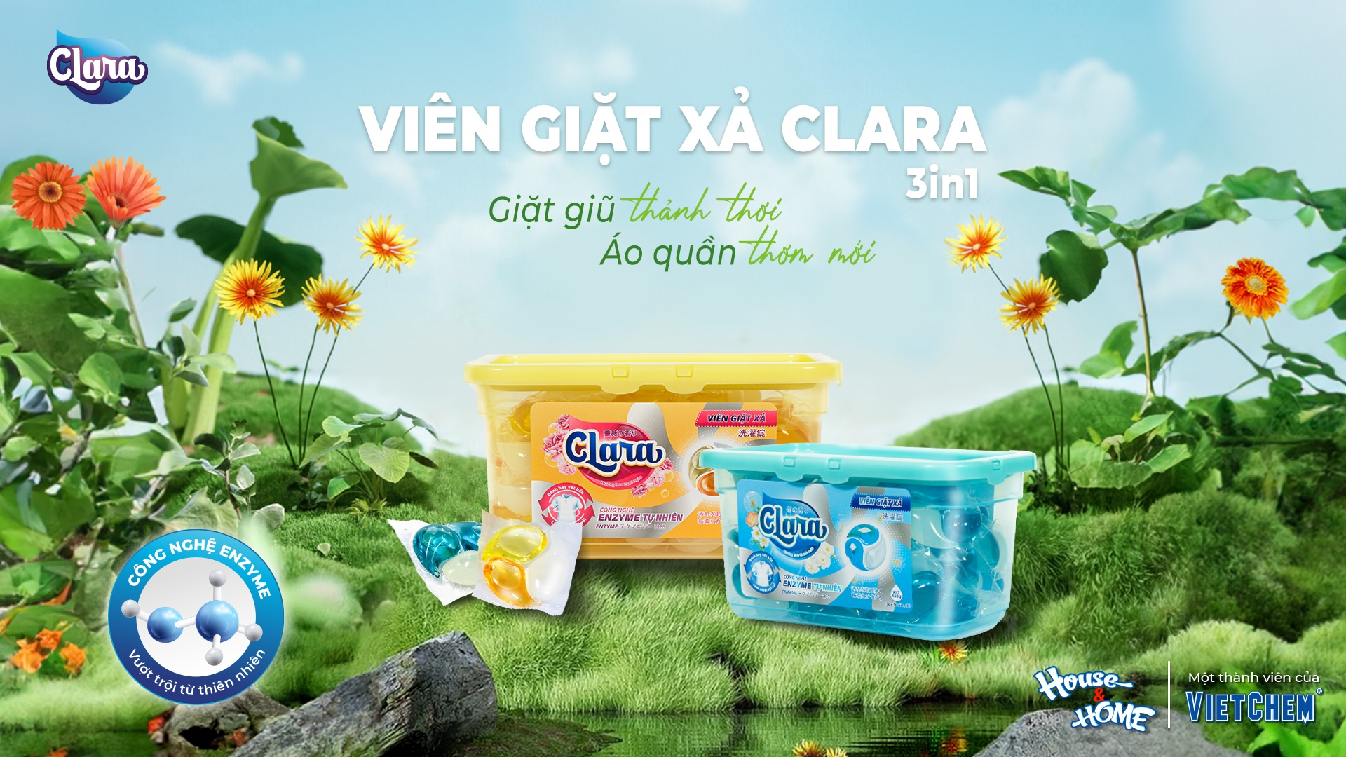 Vi&ecirc;n giặt xả Clara 3in1 lưu hương bền l&acirc;u với 2 m&ugrave;i hương dễ chịu: Hương hoa ngọt ng&agrave;o v&agrave; Hương hoa thanh m&aacute;t.