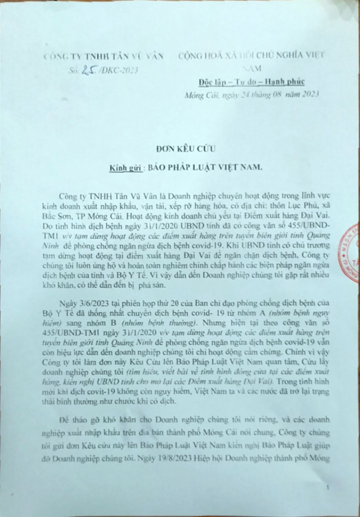 Nội dung đơn kêu cứu của Công ty TNHH Tân Vũ Vân gửi các cơ quan chức năng và Báo Pháp luật Việt Nam.