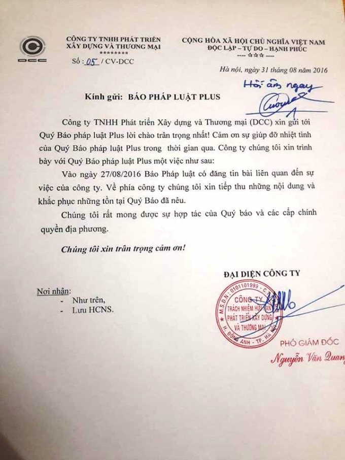 Văn bản hồi đ&aacute;p của C&ocirc;ng ty DCC gửi Phapluatplus.vn