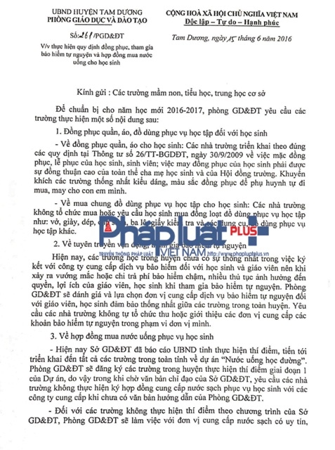 C&ocirc;ng văn số 261/PGD&amp;amp;amp;ĐT huyện Tam Dương gửi tới c&aacute;c trường quản l&yacute;.