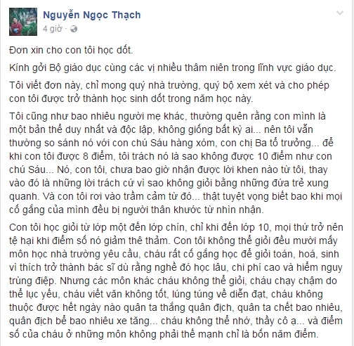 Lá đơn xin cho con học dốt gây “bão