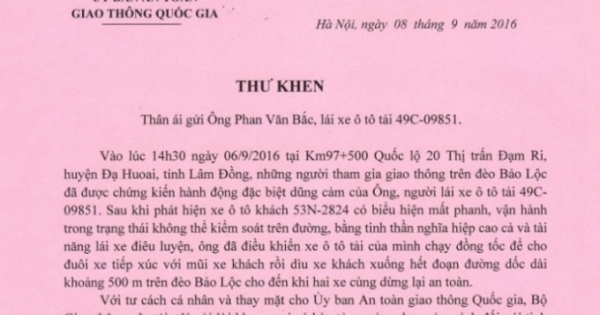 Bộ trưởng Bộ GTVT gửi thư khen tài xế Phan Văn Bắc