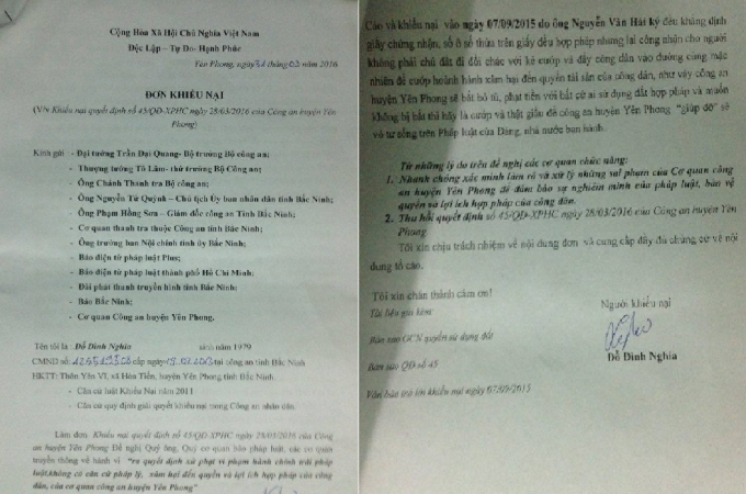 Nội dung đơn của hộ &ocirc;ng Đỗ Đ&igrave;nh Nghĩa gửi cơ quan chức năng.