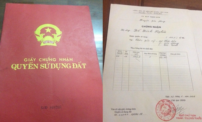 Giấy chứng nhận quyền sử dụng đất đ&uacute;ng thửa đất m&agrave; anh Nghĩa đang tranh chấp với gia đ&igrave;nh hộ &ocirc;ng Thức.