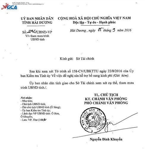 Văn bản phản hồi của UBND tỉnh Hải Dương.
