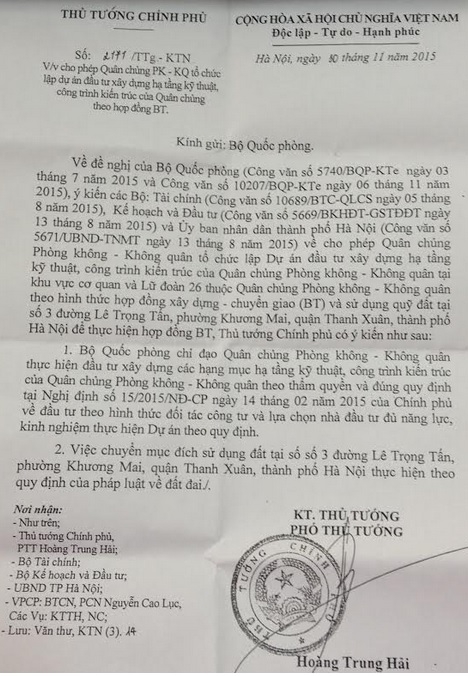 Văn bản do nguy&ecirc;n Ph&oacute; Thủ tướng Ho&agrave;ng Trung Hải k&yacute;.