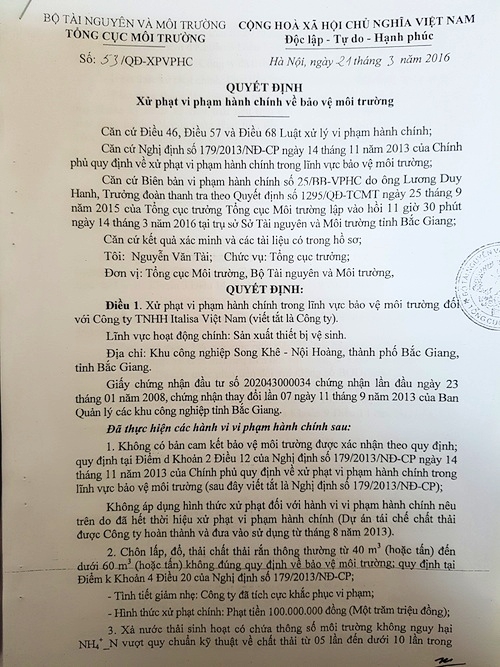 C&ocirc;ng ty TNHH Italisa nhiều lần bị c&aacute;c cơ quan chức năng xử phạt v&igrave; h&agrave;nh vi xả nước thải kh&ocirc;ng đạt chuẩn ra m&ocirc;i trường.