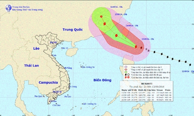 Dự b&aacute;o hướng đi của si&ecirc;u b&atilde;o Meranti. Ảnh: nchmf.gov.vn