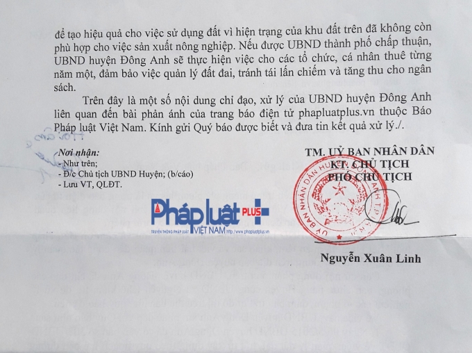 Văn bản ph&uacute;c đ&aacute;p t&ograve;a soạn Ph&aacute;p luật Plus của UBND huyện Đ&ocirc;ng Anh (H&agrave; Nội).