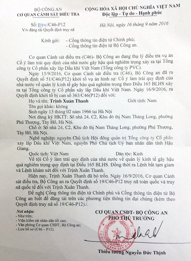 Quyết định truy n&atilde; &ocirc;ng Trịnh Xu&acirc;n Thanh.