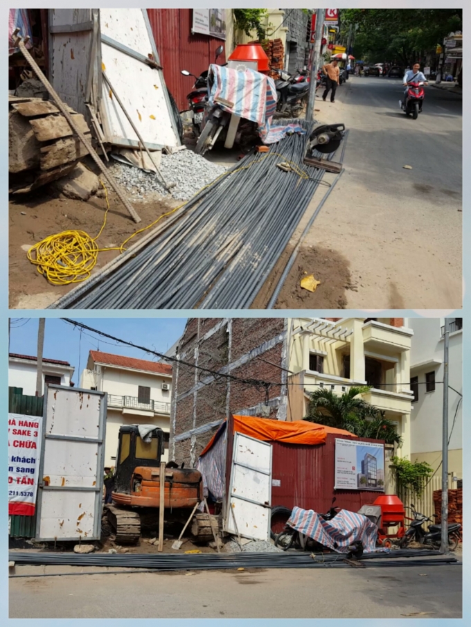 Rất nhiều sắt, th&eacute;p để ngổn ngang dưới l&ograve;ng đường, vỉa h&egrave; m&agrave; kh&ocirc;ng c&oacute; cảnh b&aacute;o. Ảnh: Huy Trung.