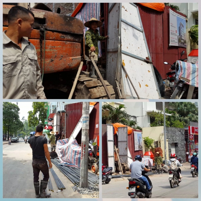 Mặc d&ugrave; lỗi do những c&ocirc;ng nh&acirc;n n&agrave;y bất cẩn g&acirc;y ra cho người đi đường, nhưng kh&ocirc;ng thấy hỏi thăm hay xin lỗi nạn nh&acirc;n, ngược lại những c&ocirc;ng nh&acirc;n tr&ecirc;n vẫn tiếp tục l&agrave;m việc b&igrave;nh thường như kh&ocirc;ng c&oacute; chuyện g&igrave; xảy ra. Ảnh: Huy Trung.