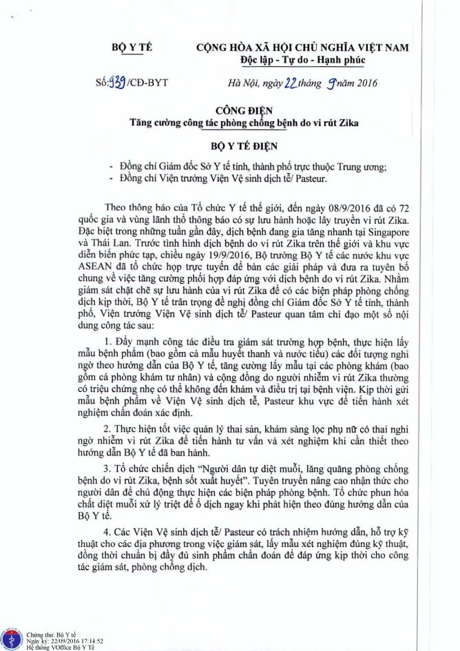 C&ocirc;ng điện khẩn của Bộ Y tế gửi c&aacute;c địa phương. Ảnh: Cục Y tế Dự ph&ograve;ng.
