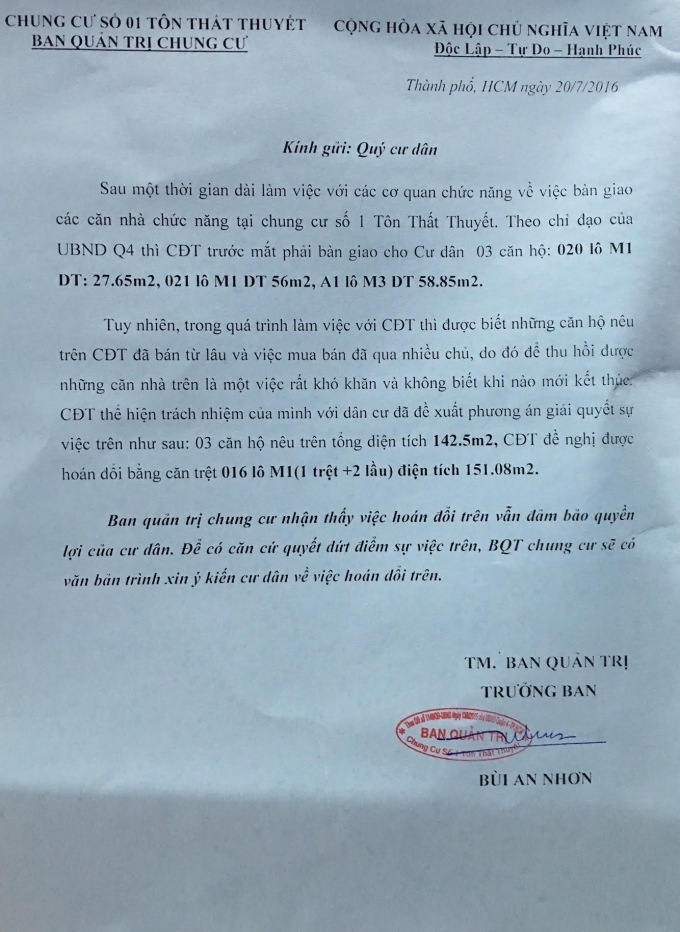 Văn bản cho th&acirc;́y chủ đ&acirc;̀u tư &ldquo;ăn cắp&rdquo; tài sản chung của cư d&acirc;n.