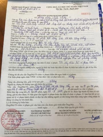 Bi&ecirc;n bản vi phạm PCCC đối với C&ocirc;ng ty H&agrave; Nội S&ocirc;ng Hồng.