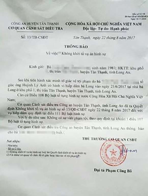 Quyết định kh&ocirc;ng khởi tố vụ &aacute;n của cơ quan điều tra.