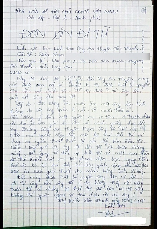 Qu&aacute; uất ức chị L. viết đơn xin đi t&ugrave; bỏ lai hai đứa con thơ cho x&atilde; hội.