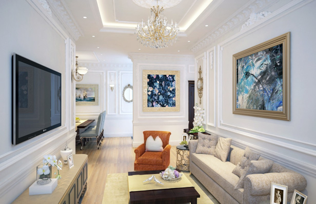 &nbsp;Mẫu ph&ograve;ng kh&aacute;ch theo phong c&aacute;ch t&acirc;n cổ điển trong kh&ocirc;ng gian mở linh hoạt của căn hộ loại 3 ph&ograve;ng ngủ diện t&iacute;ch 103 m2.