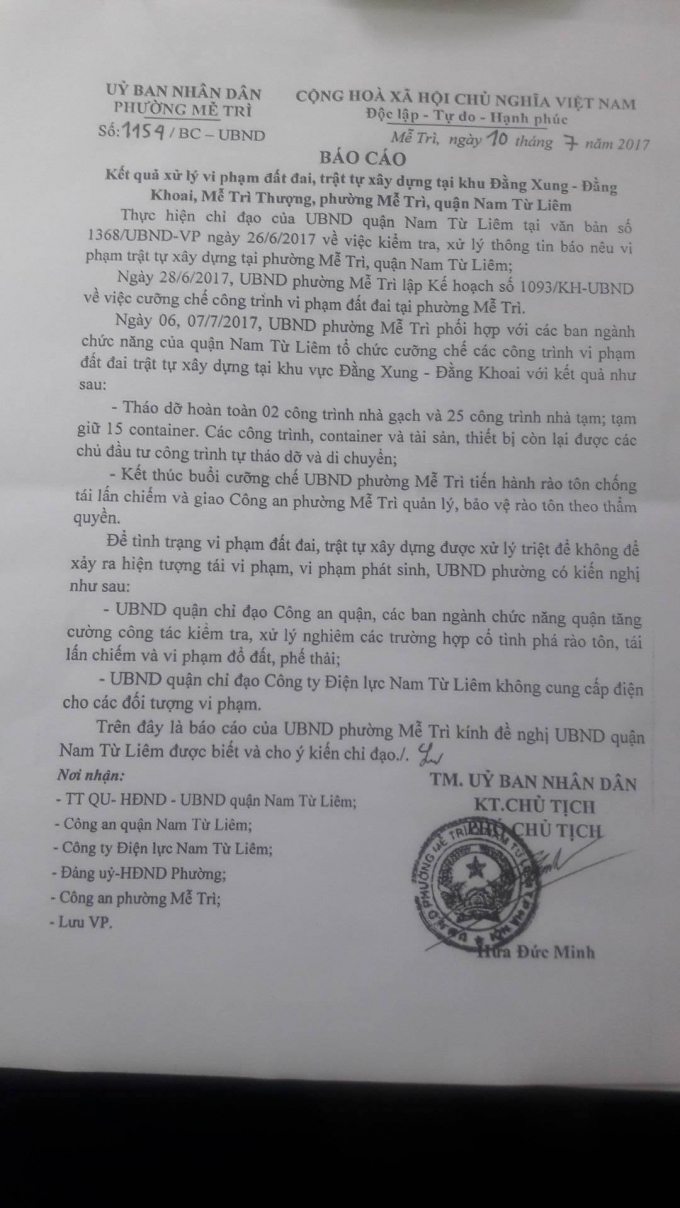 Văn bản b&aacute;o c&aacute;o của UBND phường Mễ Tr&igrave;.