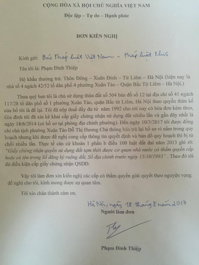 Đơn kiến nghị tới Ph&aacute;p luật plus của &ocirc;ng Phạm Đ&igrave;nh Thiệp