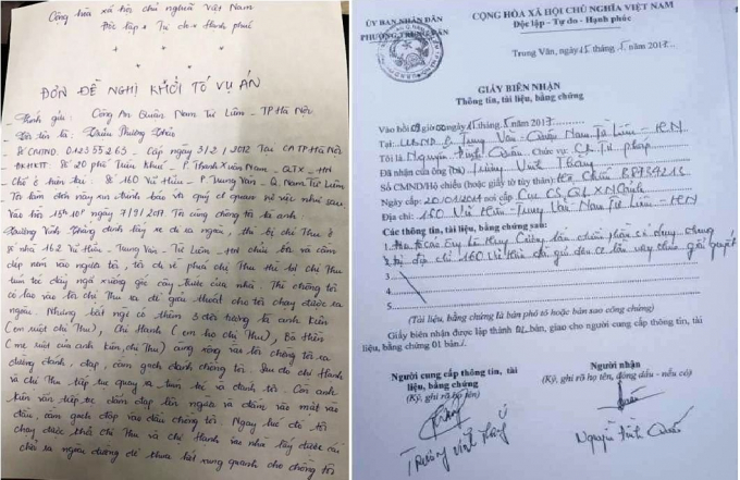 Đơn đề nghị khởi tố của anh Trương Vĩnh Thắng v&agrave; giấy tiếp nhận đơn tố c&aacute;o của cơ quan chức năng.