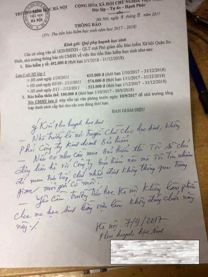 H&igrave;nh ảnh về tờ th&ocirc;ng b&aacute;o thu tiền bảo hiểm học sinh năm học 2017 - 2018.&nbsp;
