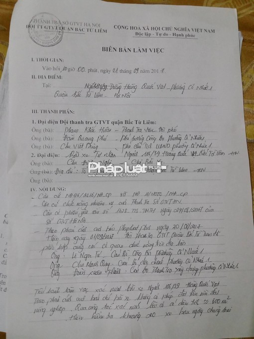 Bi&ecirc;n bản l&agrave;m việc của Đội Thanh tra Giao th&ocirc;ng Bắc Từ Li&ecirc;m