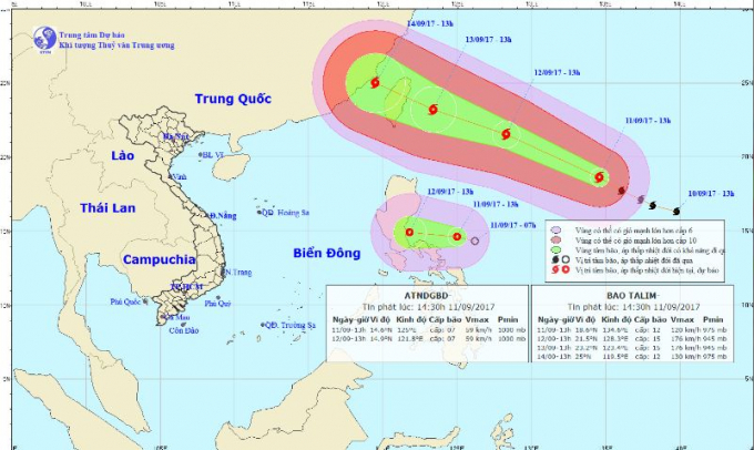 Dự b&aacute;o hướng đi của cơn b&atilde;o Talim v&agrave; &aacute;p thấp nhiệt đới gần Biển Đ&ocirc;ng. Ảnh: nchmf.gov.n