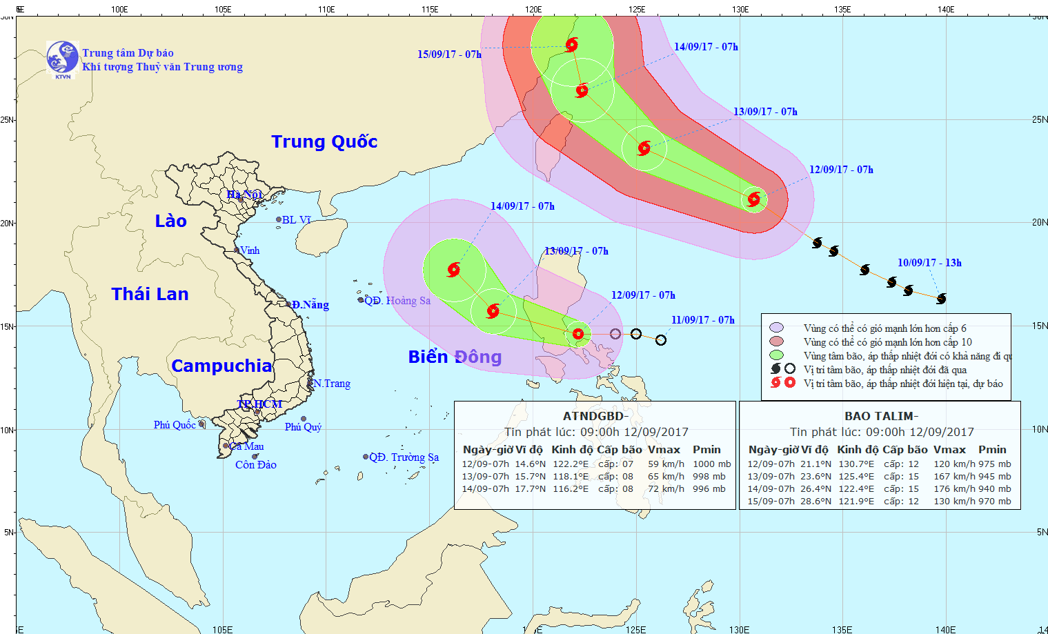 Vị tr&iacute;, hướng di chuyển của b&atilde;o TALIM&nbsp;v&agrave; &aacute;p thấp nhiệt đới. Ảnh: nchmf.gov.vn