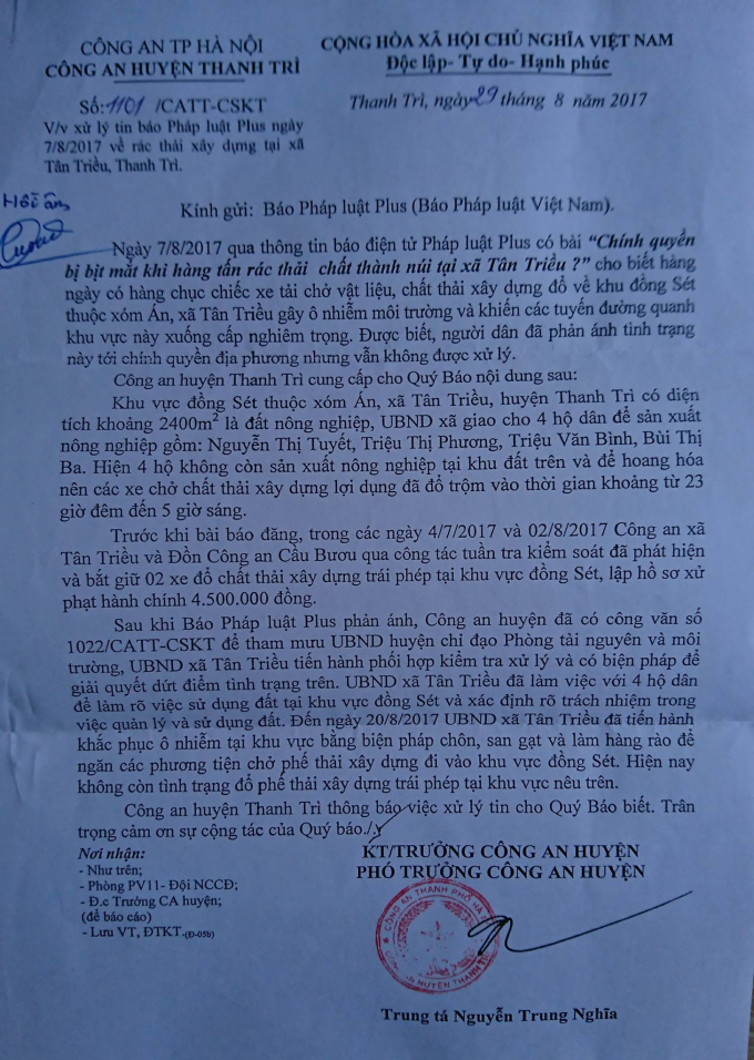C&ocirc;ng văn của C&ocirc;ng an huyện Thanh Tr&igrave; ph&uacute;c đ&aacute;p b&aacute;o Ph&aacute;p luật Plus về t&igrave;nh trạng r&aacute;c thải g&acirc;y &ocirc; nhiễm tại x&atilde; T&acirc;n Triều