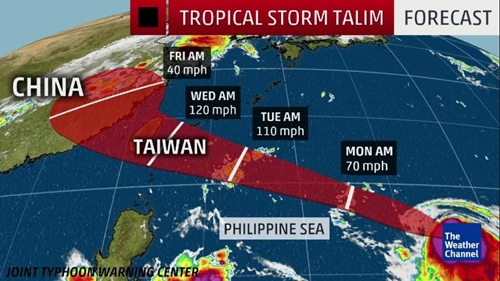 Đường đi dự kiến của b&atilde;o Talim. Đồ họa:&nbsp;The Weather Channel.