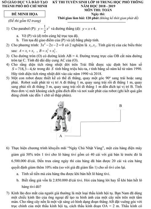 TP HCM c&ocirc;ng bố đề minh họa m&ocirc;n To&aacute;n lớp 10 năm 2018