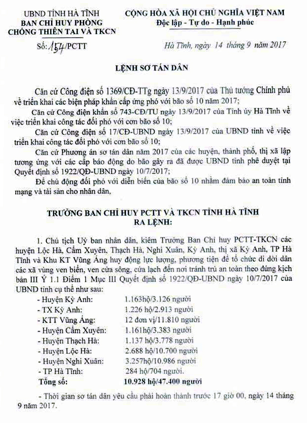 H&agrave; Tĩnh: Ph&aacute;t lệnh sơ t&aacute;n d&acirc;n, ứng ph&oacute; với b&atilde;o số 10