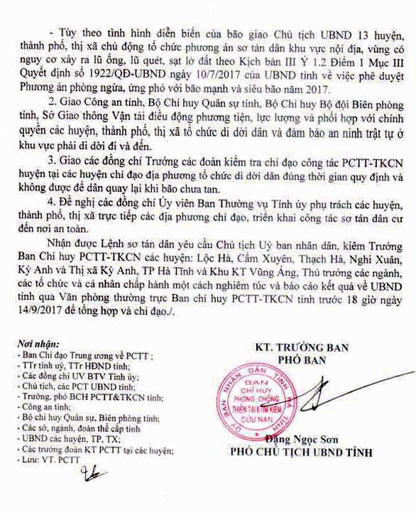 Lệnh sơ t&aacute;n d&acirc;n của Ban chỉ huy PCTT v&agrave; TKCN tỉnh H&agrave; Tĩnh.