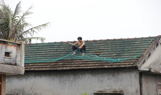 Một người d&acirc;n chằng lưới bảo vệ m&aacute;i nh&agrave;.