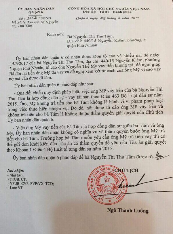 Văn bản trả lời của UBND Quận 6 về trường hợp vay tiền của &ocirc;ng Mỹ.