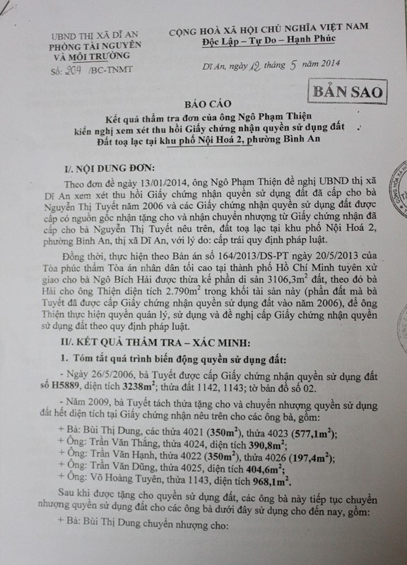 B&aacute;o c&aacute;o 204/BC-TNMT&nbsp;của Ph&ograve;ng T&agrave;i nguy&ecirc;n v&agrave; M&ocirc;i trường thị x&atilde; Dĩ An, tỉnh B&igrave;nh Dương.