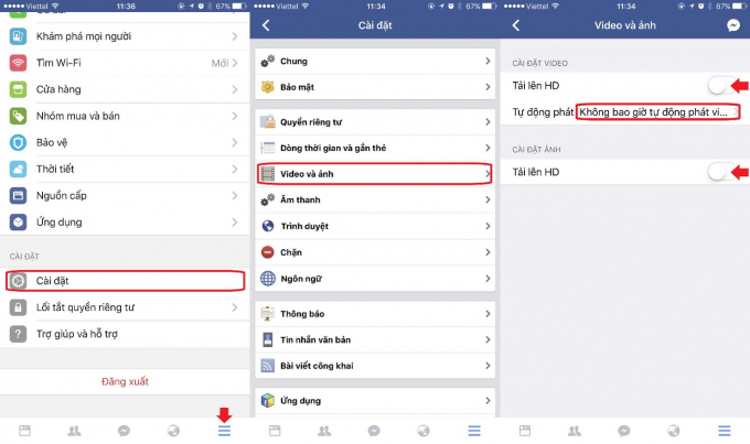 Tiết kiệm 4G tr&ecirc;n iPhone: Bấm v&agrave;o tab h&igrave;nh 3 gạch ở g&oacute;c dưới b&ecirc;n phải m&agrave;n h&igrave;nh, sau đ&oacute; cuộn m&agrave;n h&igrave;nh xuống dưới c&ugrave;ng v&agrave; chọn C&agrave;i đặt &rarr; C&agrave;i đặt t&agrave;i khoản. Ở m&agrave;n h&igrave;nh tiếp theo ch&uacute;ng ta chọn Video v&agrave; ảnh v&agrave; c&oacute; thể tắt hết c&aacute;c t&ugrave;y chọn Tải l&ecirc;n HD. &nbsp;Ở t&ugrave;y chọn Tự động ph&aacute;t, bấm v&agrave;o v&agrave; chọn Kh&ocirc;ng bao giờ tự động ph&aacute;t video.