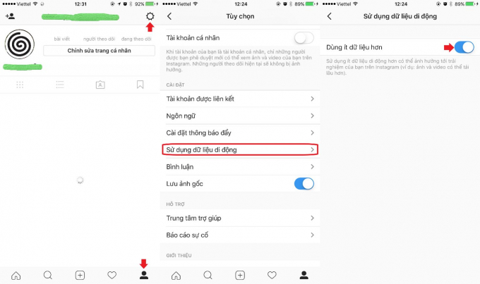 Tiết kiệm 4G tr&ecirc;n iPhone: Bấm v&agrave;o tab t&agrave;i khoản h&igrave;nh người ở g&oacute;c dưới b&ecirc;n phải m&agrave;n h&igrave;nh, sau đ&oacute; ch&uacute;ng ta bấm v&agrave;o n&uacute;t h&igrave;nh b&aacute;nh răng ở g&oacute;c tr&ecirc;n b&ecirc;n phải. Khi cuộn m&agrave;n h&igrave;nh xuống khu vực giữa, trong phần C&agrave;i đặt bấm chọn Sử dụng dữ liệu di động. Ở m&agrave;n h&igrave;nh tiếp theo, bật t&ugrave;y chọn D&ugrave;ng dữ liệu &iacute;t hơn.