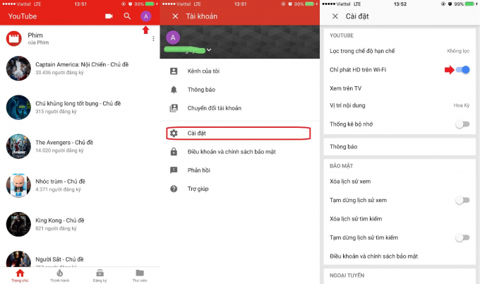 Tiết kiệm 4G tr&ecirc;n iPhone: Trong ứng dụng YouTube, ch&uacute;ng ta bấm v&agrave;o mục quản l&yacute; t&agrave;i khoản ở g&oacute;c tr&ecirc;n b&ecirc;n phải m&agrave;n h&igrave;nh. Trong m&agrave;n h&igrave;nh tiếp theo, h&atilde;y chọn mục C&agrave;i đặt, sau đ&oacute; bật t&iacute;nh năng Chỉ ph&aacute;t HD tr&ecirc;n WiFi, đồng thời bật Chỉ tải l&ecirc;n qua WiFi.