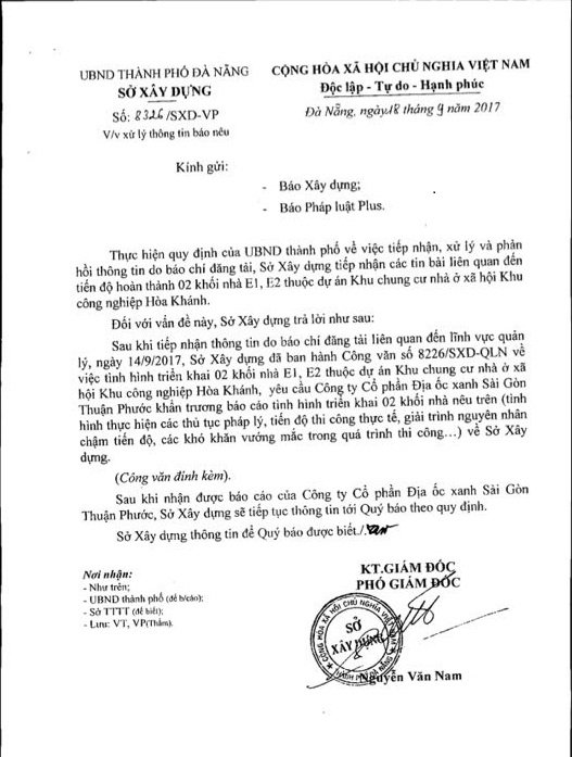 Sở X&acirc;y dựng TP Đ&agrave; Nẵng c&oacute; c&ocirc;ng văn phản hồi b&agrave;i viết của Ph&aacute;p Luật Plus.