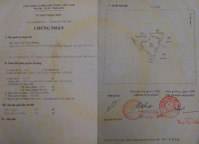 Sổ đỏ nh&agrave; &ocirc;ng Trần Hữu Ph&ugrave;ng thể hiện 1,83m đang tranh c&atilde;i l&agrave; đất c&ocirc;ng.