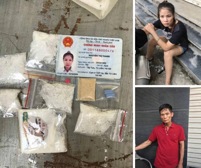 Đ&ocirc;i nam nữ bị bắt giữ c&ugrave;ng số tang vật thu giữ được.