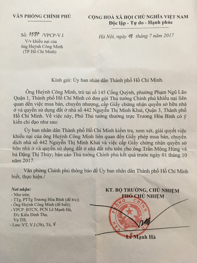 C&ocirc;ng văn số&nbsp; 7597/VPVP-V.I của Văn ph&ograve;ng Ch&iacute;nh phủ truyền đạt &yacute; kiến chỉ đạo của Ph&oacute; Thủ tướng thường trực Ch&iacute;nh phủ Trương H&ograve;a B&igrave;nh.