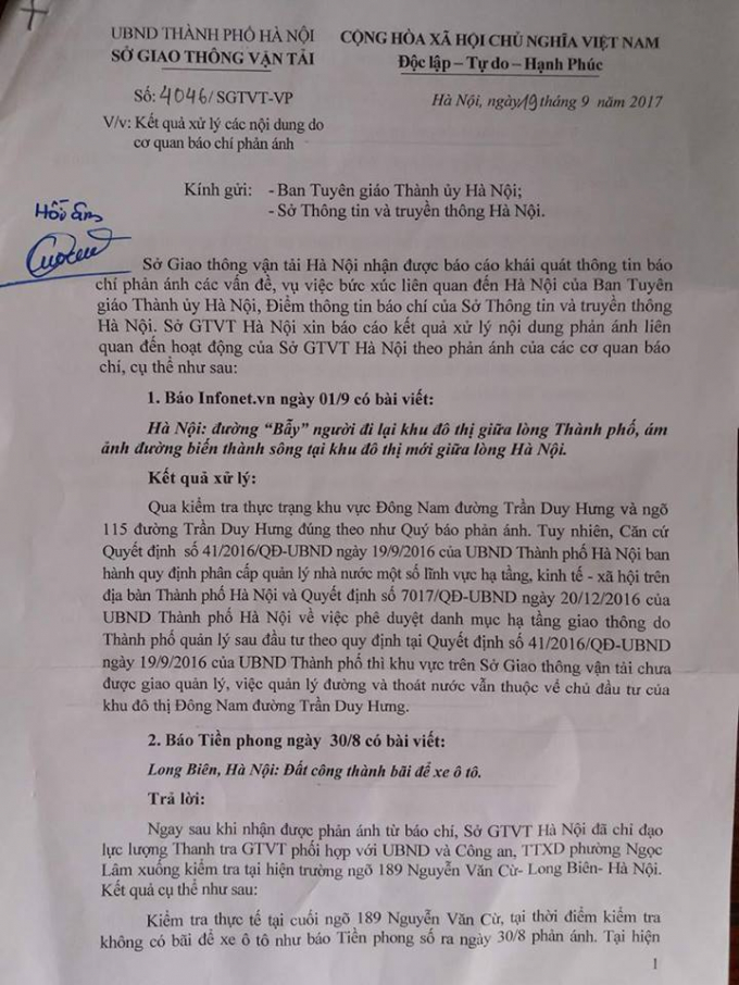 C&ocirc;ng văn của Sở giao th&ocirc;ng vận tải Th&agrave;nh phố H&agrave; Nội.