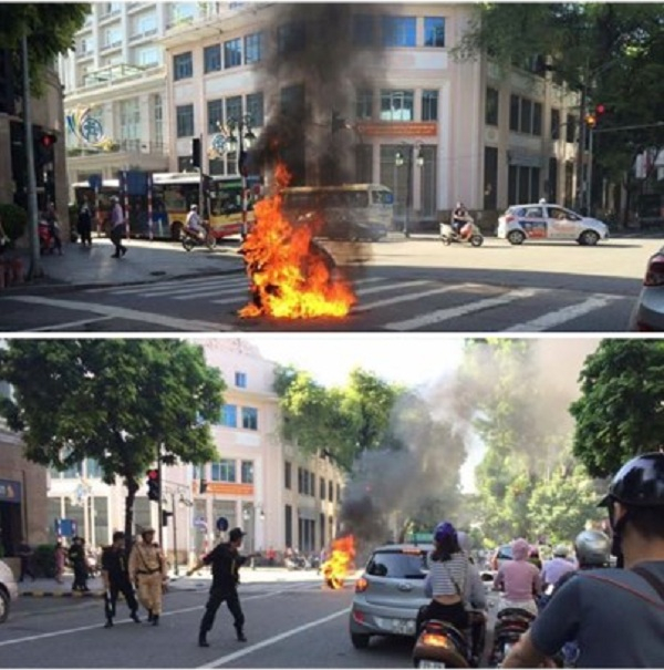 Chiếc xe bị bốc ch&aacute;y tr&ecirc;n phố Tr&agrave;ng Tiền. Ảnh Otofun.