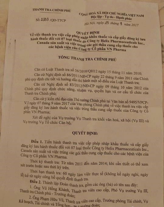 Ch&iacute;nh thức thanh tra việc cấp ph&eacute;p nhập khẩu thuốc cho C&ocirc;ng ty cổ phần VN Pharma