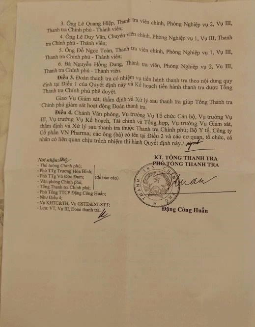 Quyết định thanh tra việc cấp ph&eacute;p nhập khẩu thuốc v&agrave; cấp giấy đăng k&yacute; lưu h&agrave;nh thuốc đối với 7 loại thuốc do C&ocirc;ng ty Helix Pharmaceuticals Inc., Canada sản xuất, đồng thời thanh tra việc tr&uacute;ng c&aacute;c g&oacute;i thầu cung cấp thuốc cho c&aacute;c bệnh viện của C&ocirc;ng ty cổ phần VN Pharma.