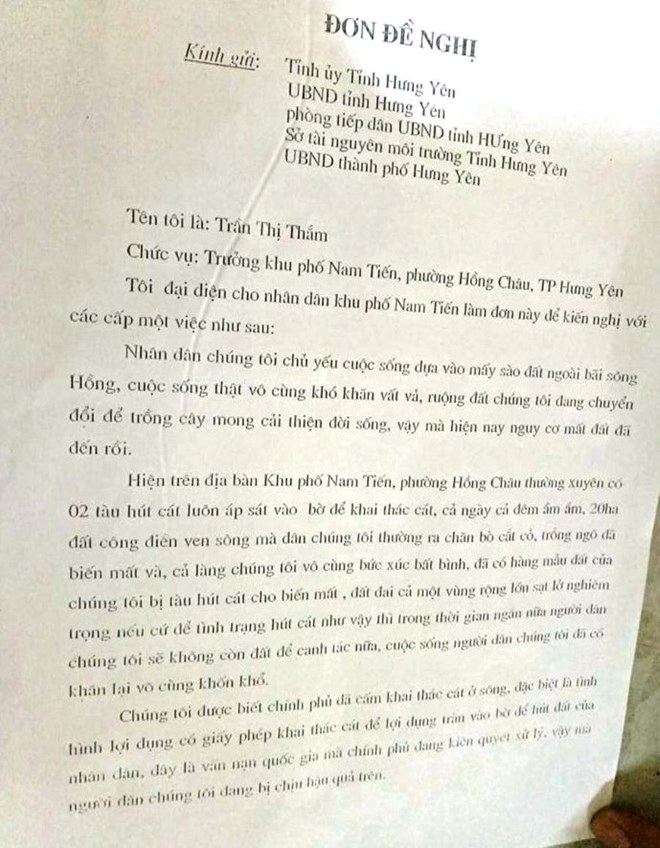 Đơn phản &aacute;nh của người d&acirc;n phường Mai Khai về hoạt động h&uacute;t c&aacute;t ven s&ocirc;ng Hồng. (Ảnh: Người d&acirc;n cung cấp)