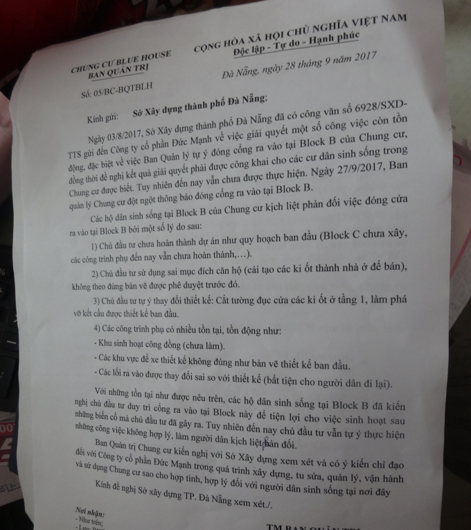 Đơn người d&acirc;n phản &aacute;nh gửi Sở X&acirc;y dựng&nbsp;TP Đ&agrave; Nẵng.&nbsp;
